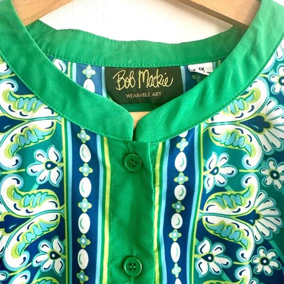Bob Mackie Wearable Art Green Blue Boho Stripes Paisley Button Down 1X - Picture 2 of 9